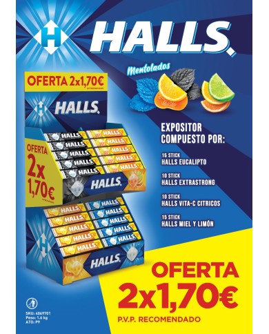 Caramelos balsámicos Halls Lote promoción 2x1.70€   Expositor 50 tabletas.