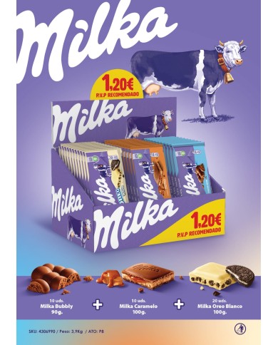 Expositor tabletas de chocolate Milka oferta 1.20€ pvp