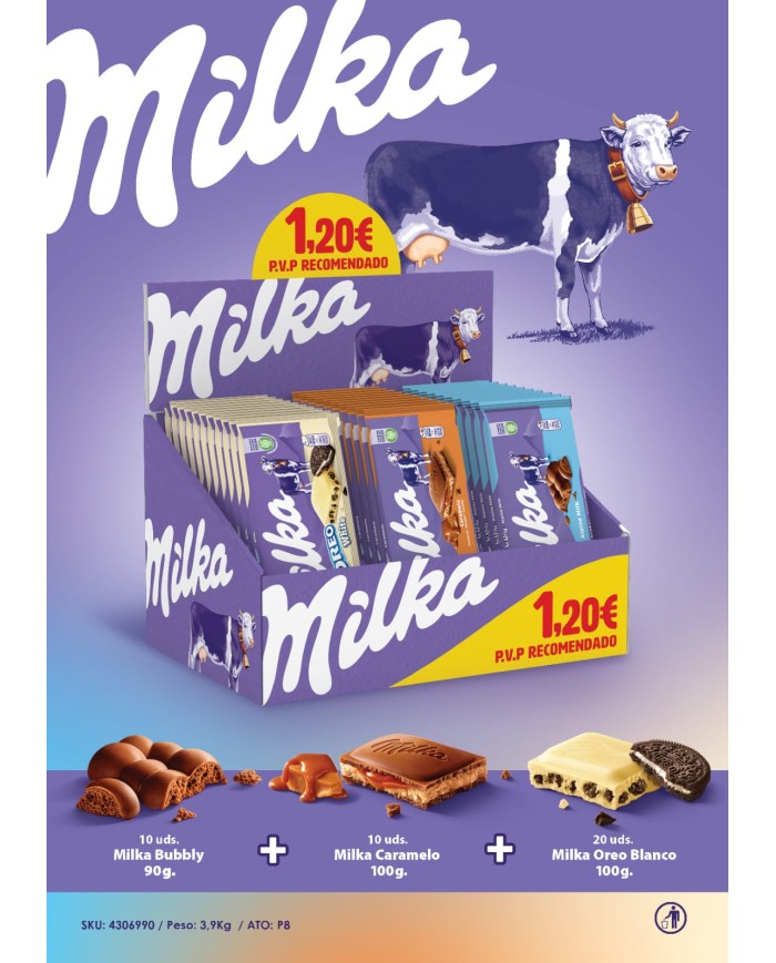Expositor tabletas de chocolate Milka oferta 1.20€ pvp