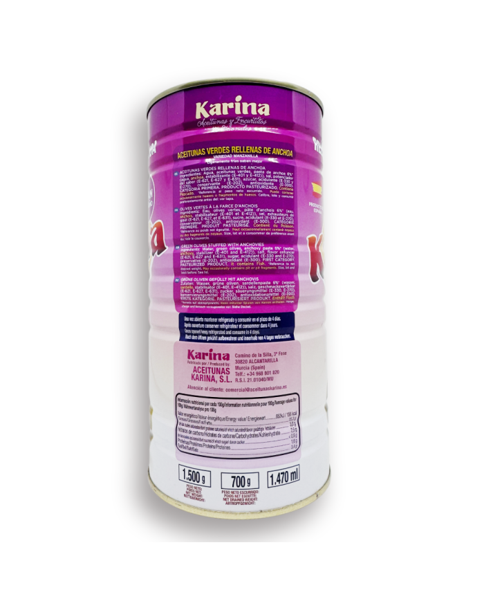 Aceitunas Karina Gigante rellenas de anchoa lata 700 gramos peso escurrido