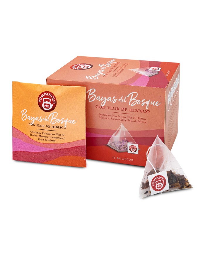 Pompadour Infusión Bayas del Bosque con Flor de Hibisco pirámide estuche de 15 bolsitas