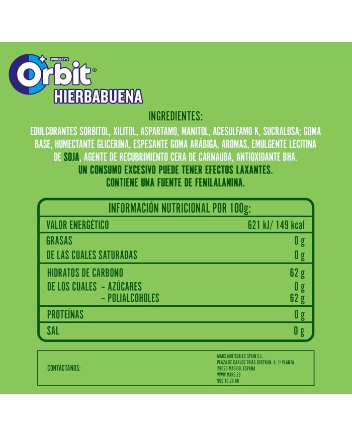 Chicles Orbit Hierbabuena grageas 30 tabletas