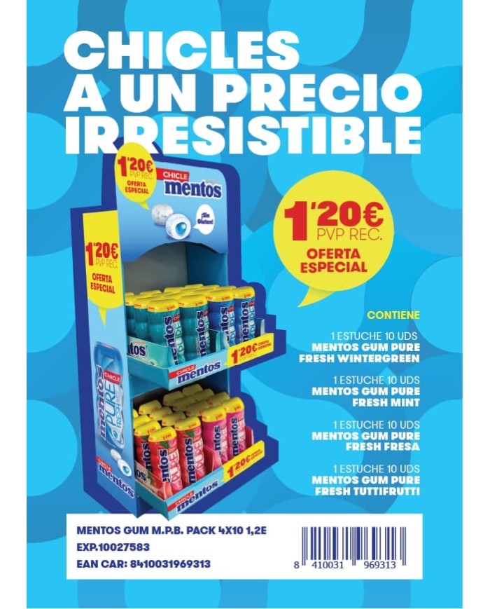 Expositor promocional Mentos gum 4 sabores 1.20€ P.V.P.