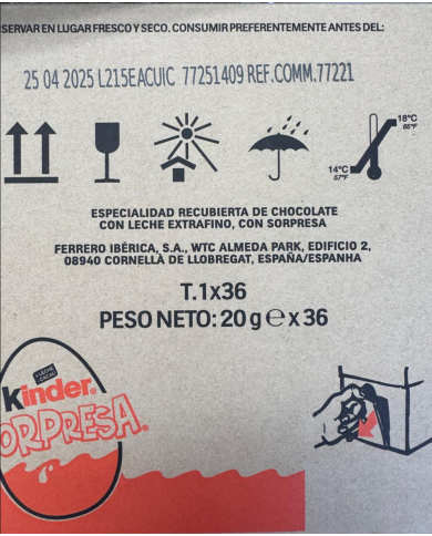 Kinder Sorpresa huevos de chocolate estuche de 36 unidades