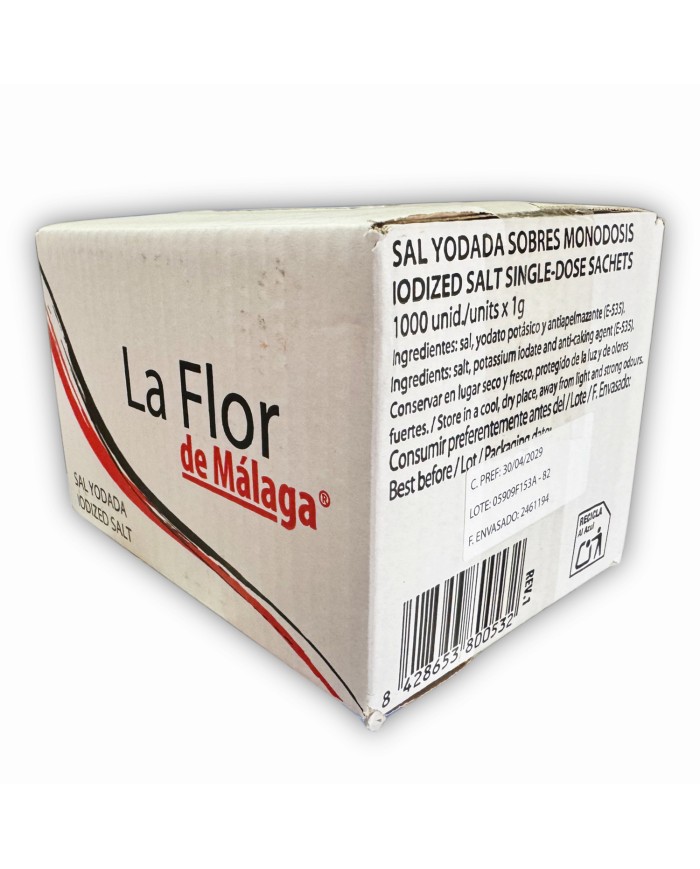 Sal yodada monodosis en sobres La Flor de Málaga caja de 1000 unidades