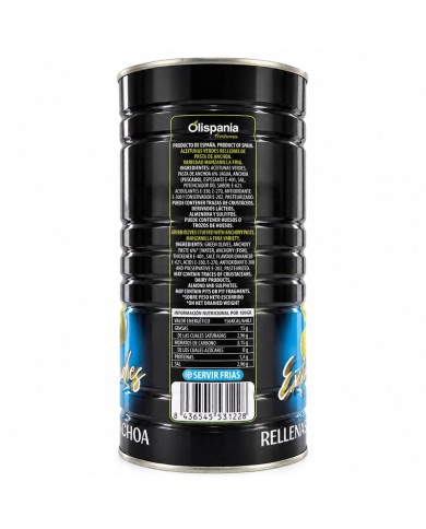Aceitunas rellenas de anchoa Olispania extragrandes lata 1485 grs.