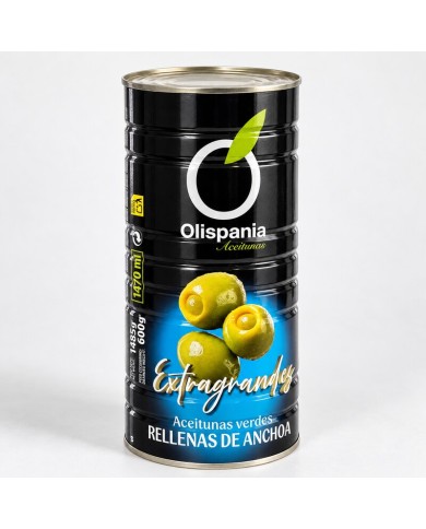 Aceitunas rellenas de anchoa Olispania extragrandes lata 1485 grs.