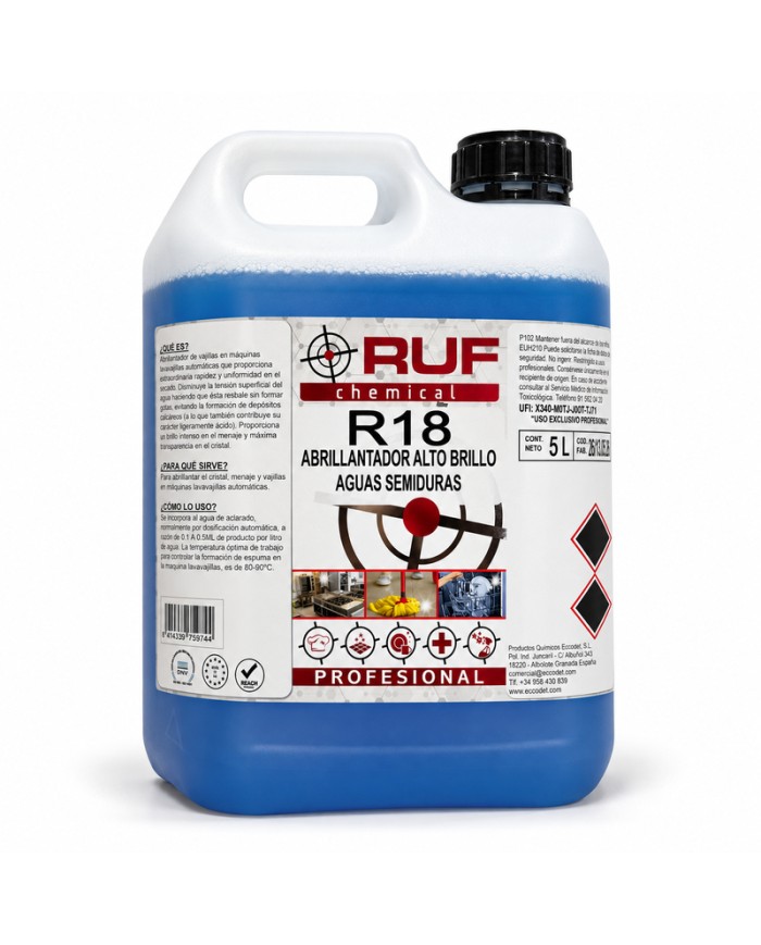 RUF R18 chemical abrillantador lavavajillas alcalino para aguas semiduras garrafa de 5 litros