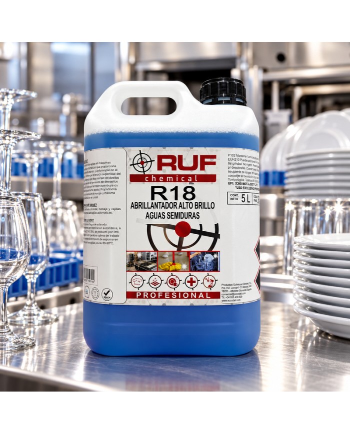 RUF R18 chemical abrillantador lavavajillas alcalino para aguas semiduras garrafa de 5 litros