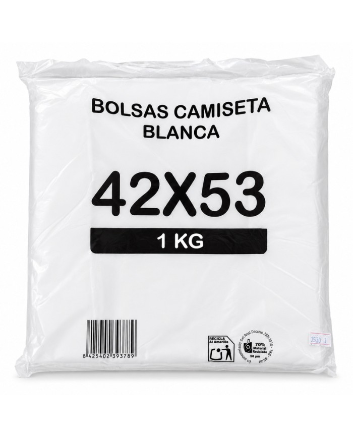 Bolsas de asas camiseta blancas 42x53 paquete de 1 kilo