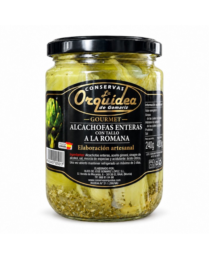 Alcachofas gourmet enteras con tallo La Orquídea tarro 420 grs. caja de 12