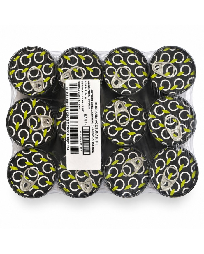 Aceitunas rellenas de anchoa Olispania extragrandes lata 350 grs. caja de 12