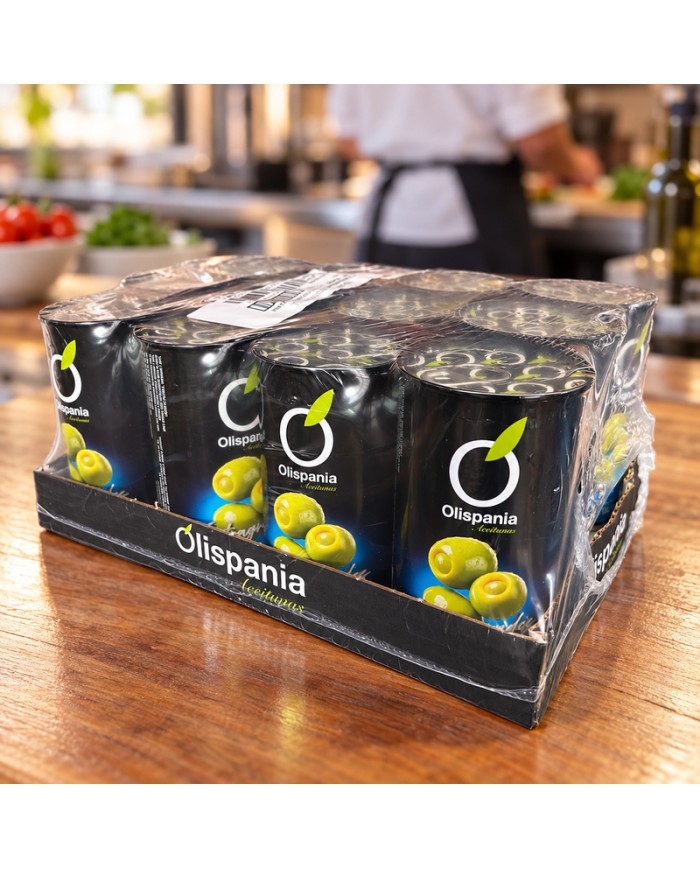 Aceitunas rellenas de anchoa Olispania extragrandes lata 350 grs. caja de 12