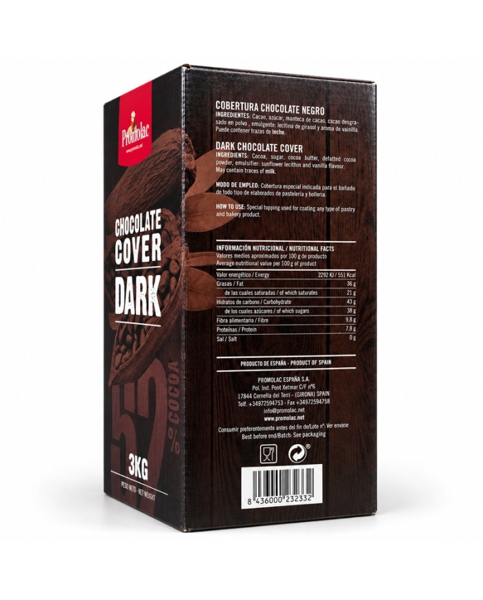 Cobertura de Chocolate Negro Promolac en caja de 3 Kilos