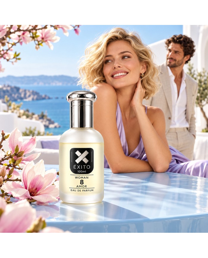 ÉXITO 8 AMOR en una villa mediterránea con flores de magnolia y una pareja adulta.