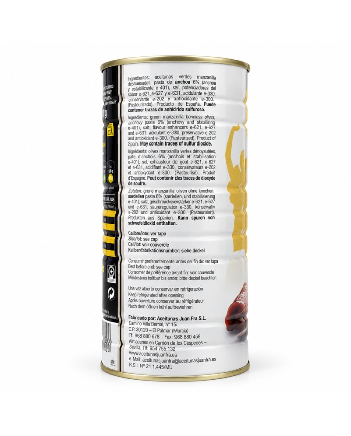Aceitunas JuanFra Gourmet rellenas de Anchoa lata 600 gramos peso escurrido