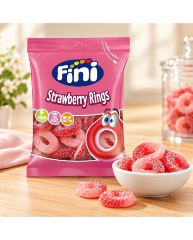 Fini Aros Fresa Pica bolsa 90 gramos caja de 12 bolsas — ambiente de mesa dulce