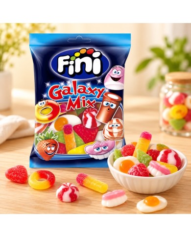 Fini Galaxy Mix Brillo bolsa 90 gramos caja de 12 bolsas — ambiente de mesa dulce