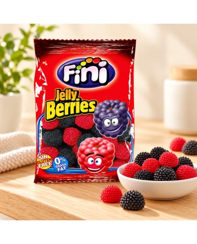 Fini Jelly Berries Moras bolsa 90 gramos caja de 12 bolsas — ambiente de mesa dulce