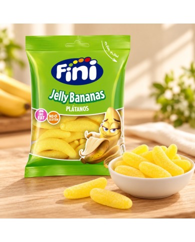 Fini Bananas bolsa de 90 gramos caja de 12 bolsas — ambiente de mesa dulce